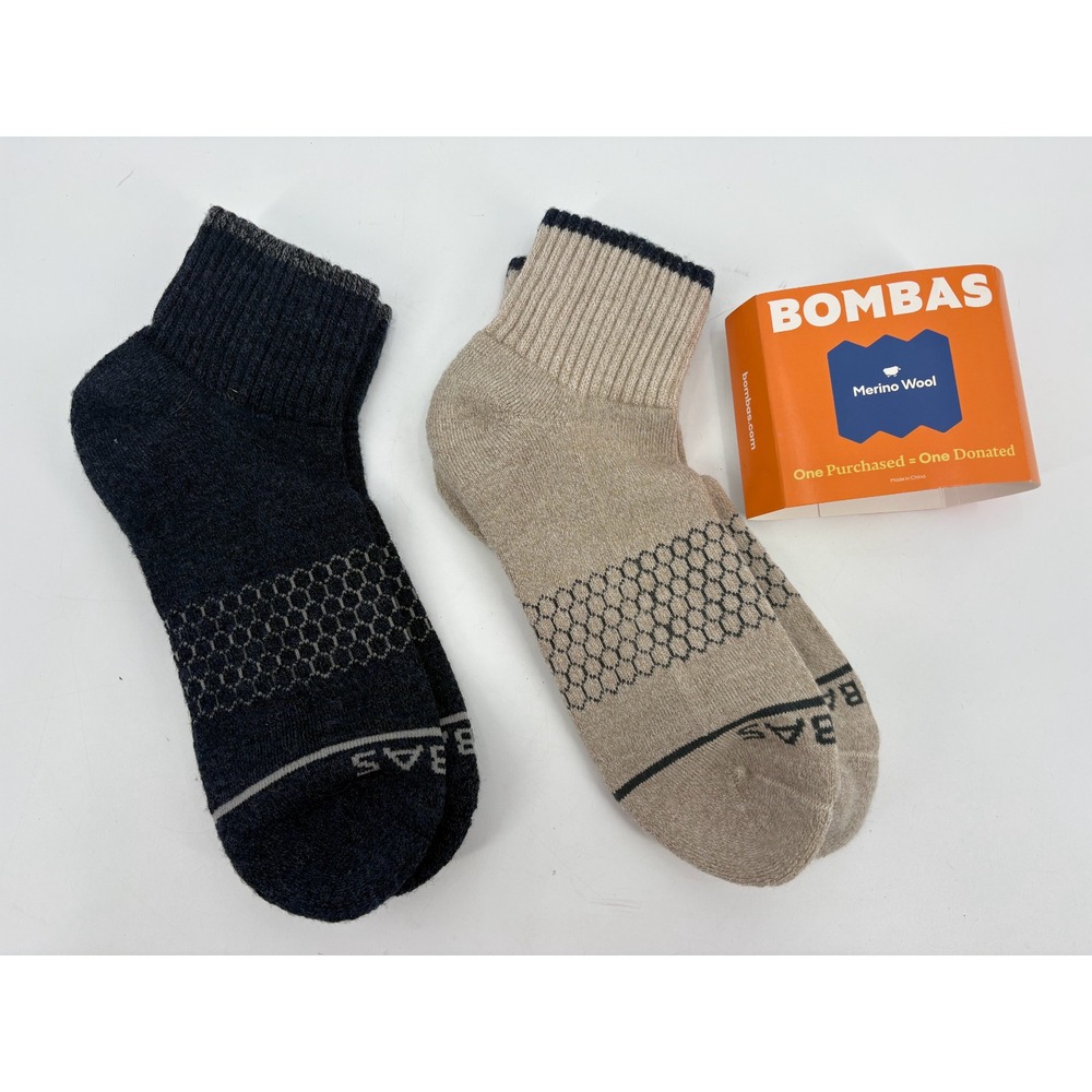 Bombas 2 Pairs Merino Wool Midweight Quarter Socks Beige & Navy, Large, NEW